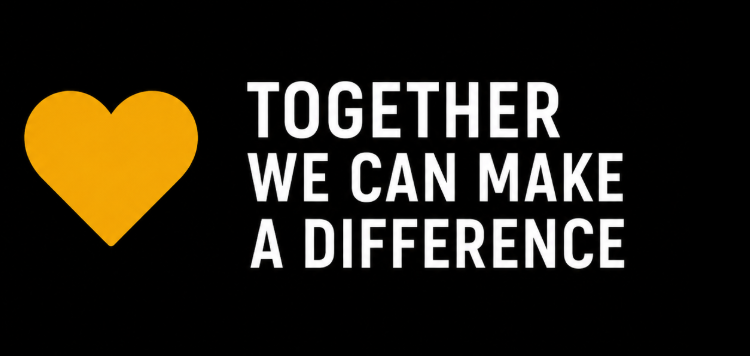 Yellow heart icon next to the motivational phrase 'Together we can make a difference' in white text on a black background.