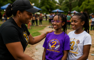 Two young girls smiling as an adult woman talks to them at an outdoor event.