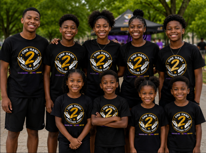 Group of ten children and teenagers outdoors, wearing matching black T-shirts with a yellow and white logo that says 'One Hand 2 Another Hand,' smiling at the camera.