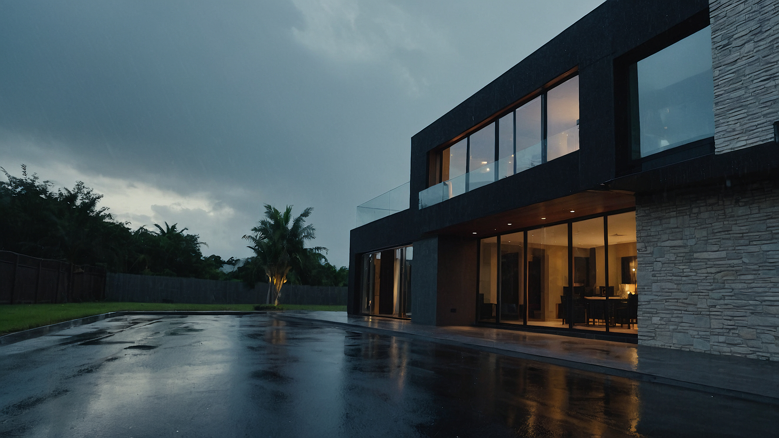 Modern two-story house at dusk with large glass windows, stone accents, and outdoor lighting, reflecting on a wet driveway surrounded by trees and a fence.