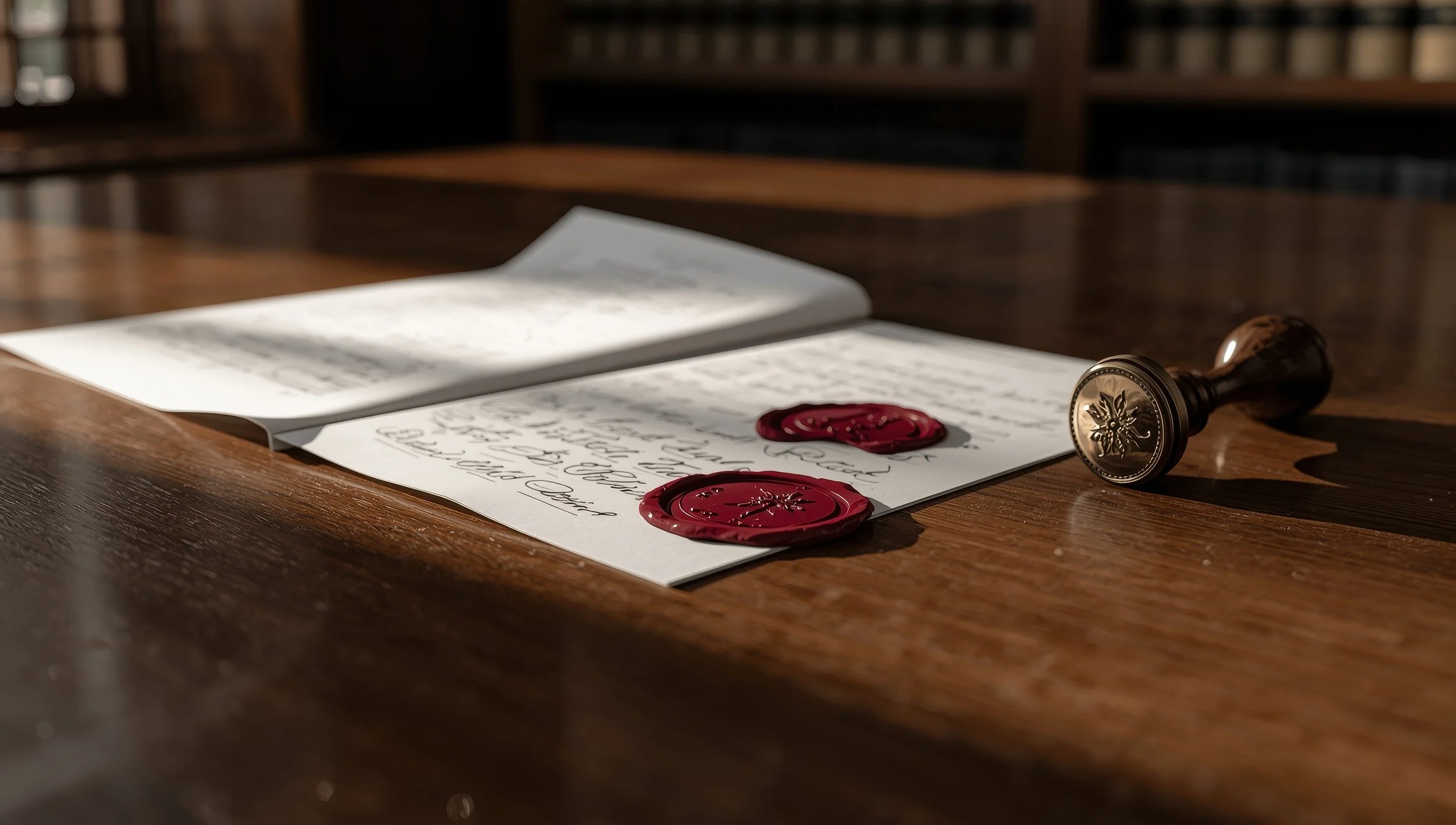 A handwritten letter on white paper with red wax seals, placed on a wooden table with a wax seal stamp nearby, in a library setting.