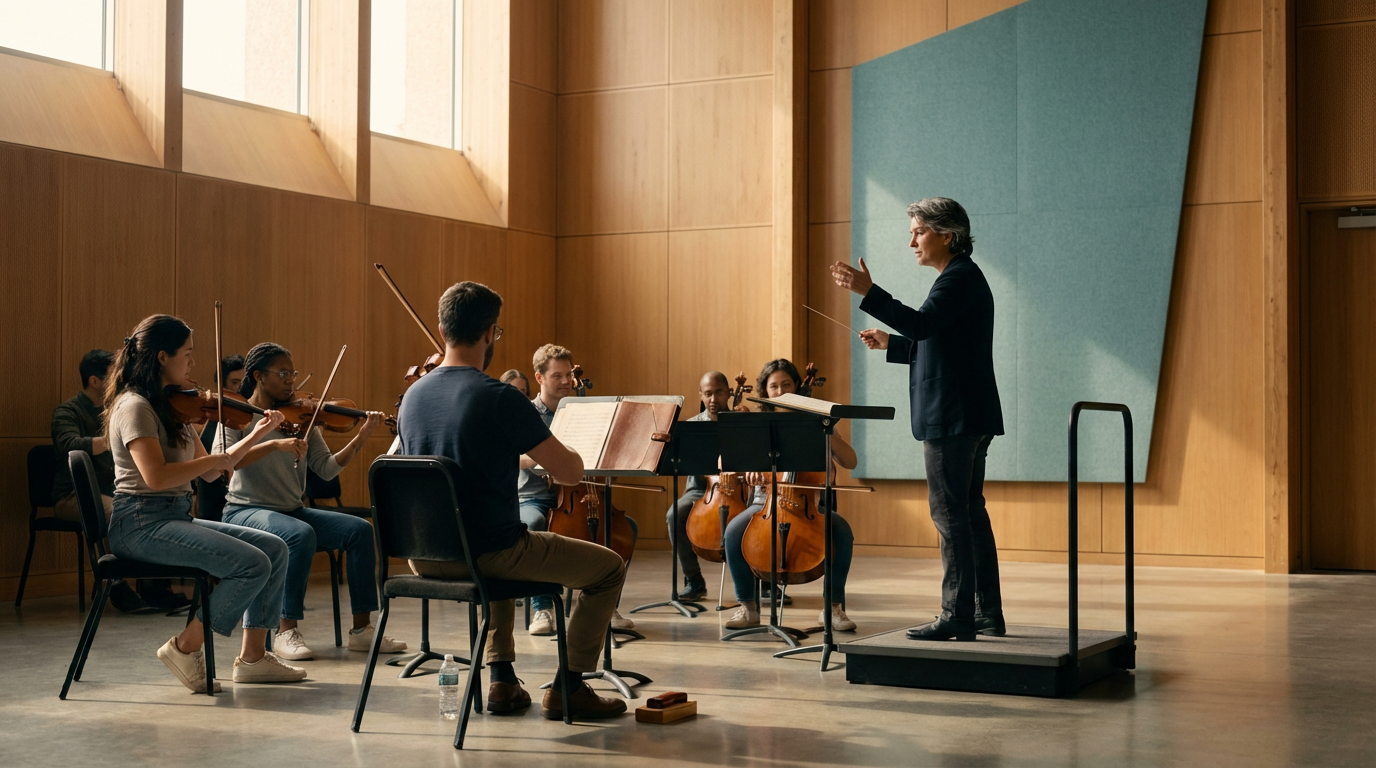 A conductor leading an orchestra rehearsal with violinists and cellists in a wooden-paneled room.
