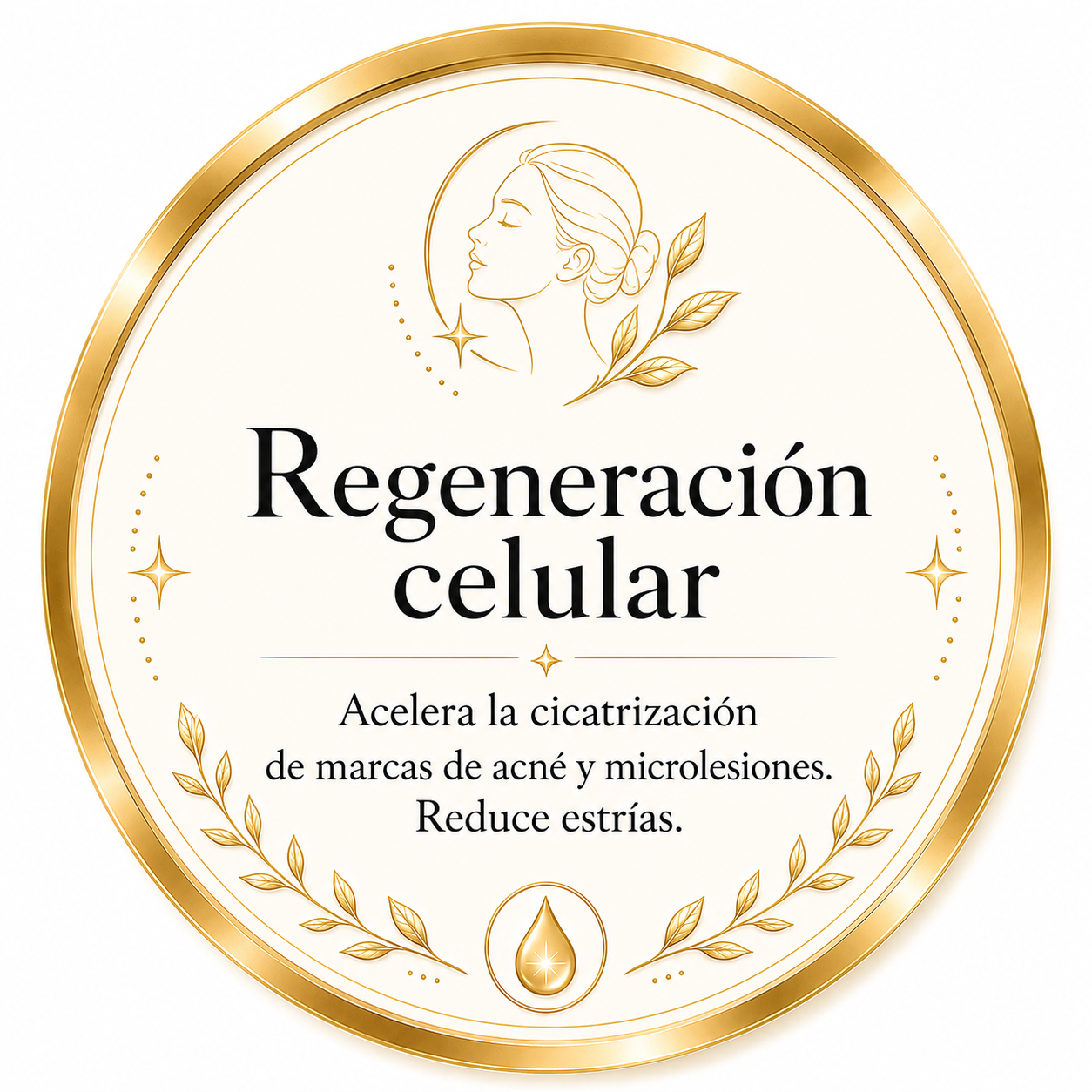 Etiqueta decorativa dorada con ilustración de rostro femenino y ramas, que promociona un tratamiento de regeneración celular para acelerar cicatrización y disminuir estrías.