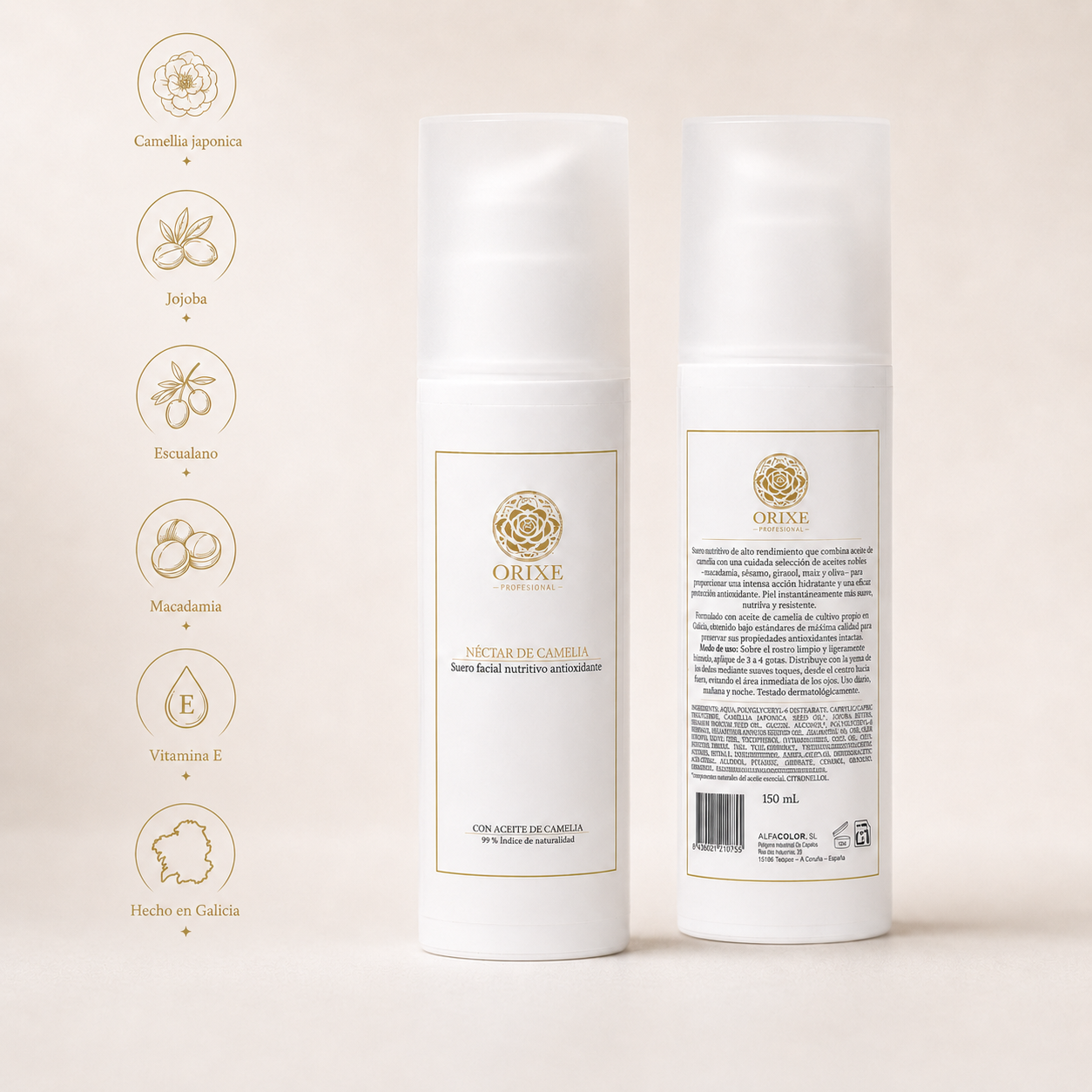 Botellas de productos cosméticos con etiquetas blancas y doradas, junto a íconos y texto en la izquierda que describen ingredientes naturales como camelia japonesa, jojoba, escualano, macadamia, vitamina E, y que el producto fue hecho en Galicia.