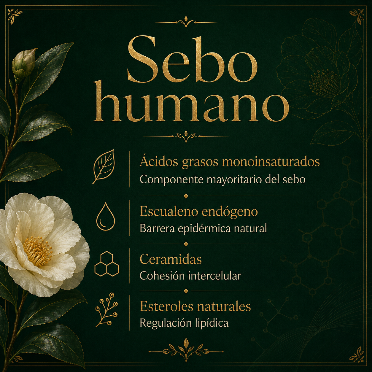 Información sobre el sebo humano: componentes y beneficios, incluyendo ácidos grasos monoinsaturados, escualeno endógeno, ceramidas y esteroles naturales, en un fondo verde oscuro con ilustraciones florales y químicas.
