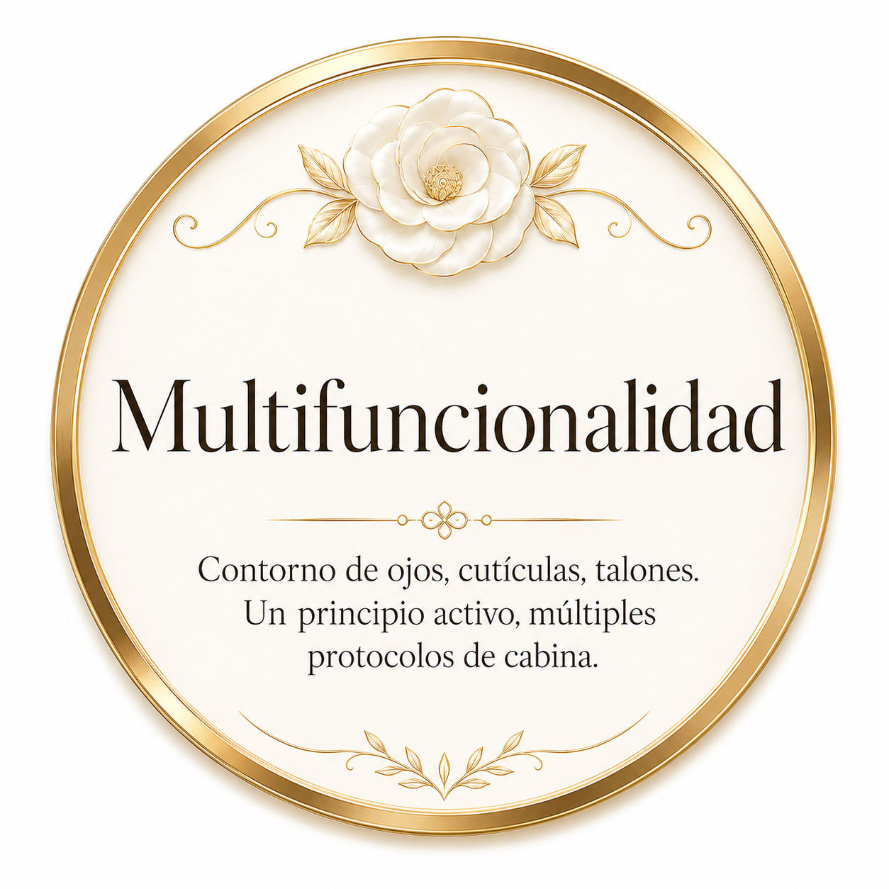 Logotipo con borde dorado, con una flor en la parte superior y decoraciones florales. Texto que dice 'Multifuncionalidad', y abajo 'Contorno de ojos, cutículas, talones. Un principio activo, múltiples protocolos de cabina.'