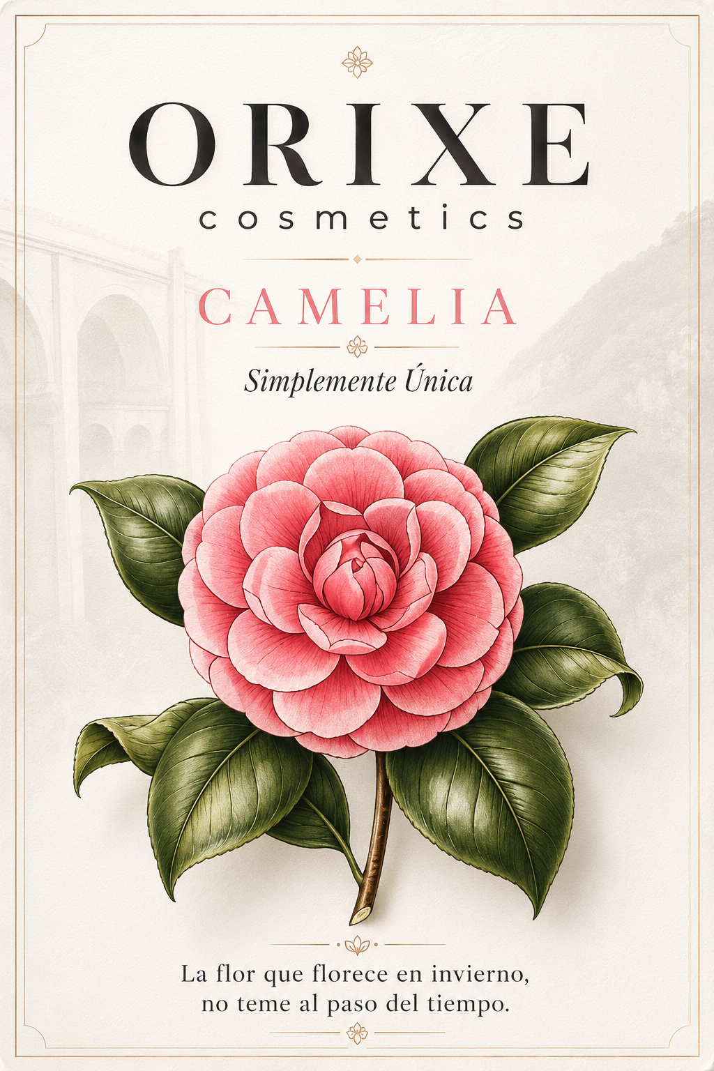 Etiqueta de cosméticos con una ilustración de una camelia rosa y hojas verdes, con texto en español sobre la flor y la marca ORIXE cosmetics.