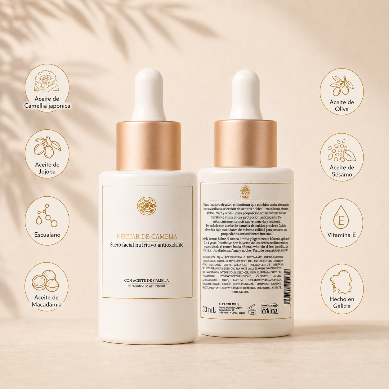 Botes de suero facial con ingredientes naturales, como aceite de camelia, jojoba, oliva, sésamo, escualano y aceite de macadamia, hecho en Galicia.