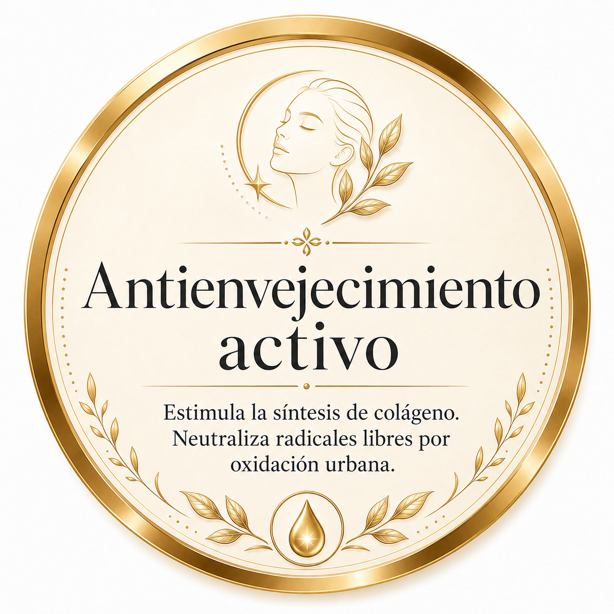 Etiqueta de producto con un diseño elegante en tonos dorados y beige, con texto que dice 'Antivejecimiento activo', y una ilustración de perfil de rostro de mujer, hojas doradas, y un gotero en la parte inferior.