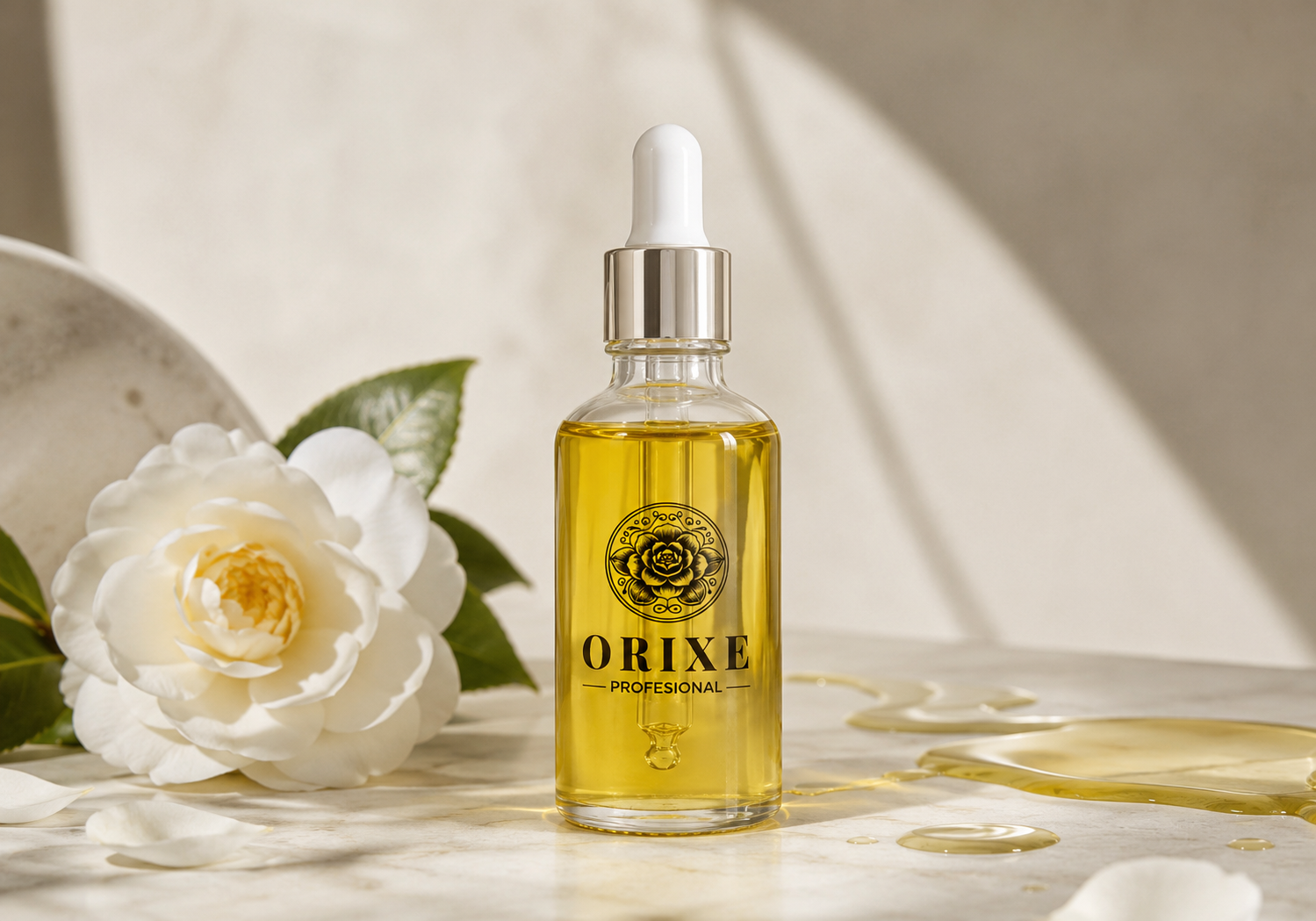 Botella de aceite o esencia con gotero en un fondo neutro, acompañada de una rosa blanca y hojas verdes, con algunas gotas de líquido en la superficie.