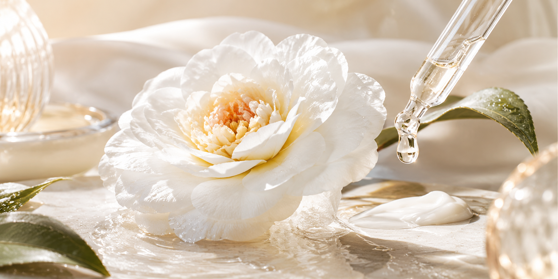 Una flor blanca con gotas de agua y una pipeta de gotero sobre ella, rodeada de hojas y otros elementos decorativos de color dorado y crema.
