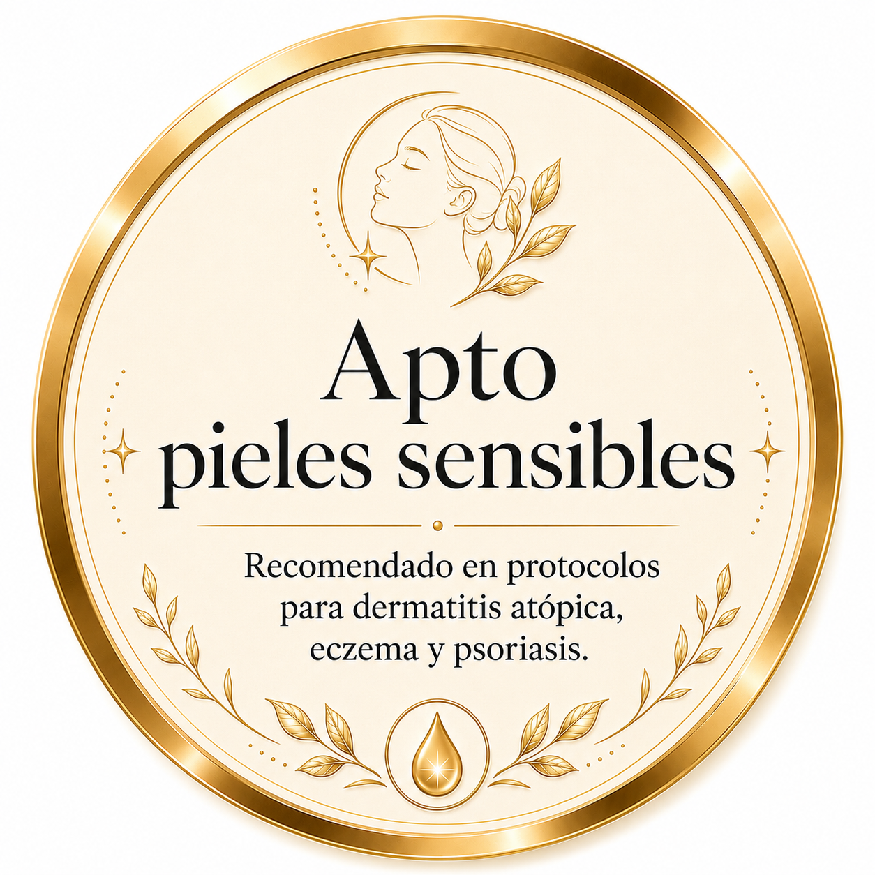 Etiqueta de producto con borde dorado, que indica que es apto para pieles sensibles, adecuado en protocolos para dermatitis atópica, eczema y psoriasis, con ilustración de perfil de mujer relajada, hojas doradas y gotas de aceite.