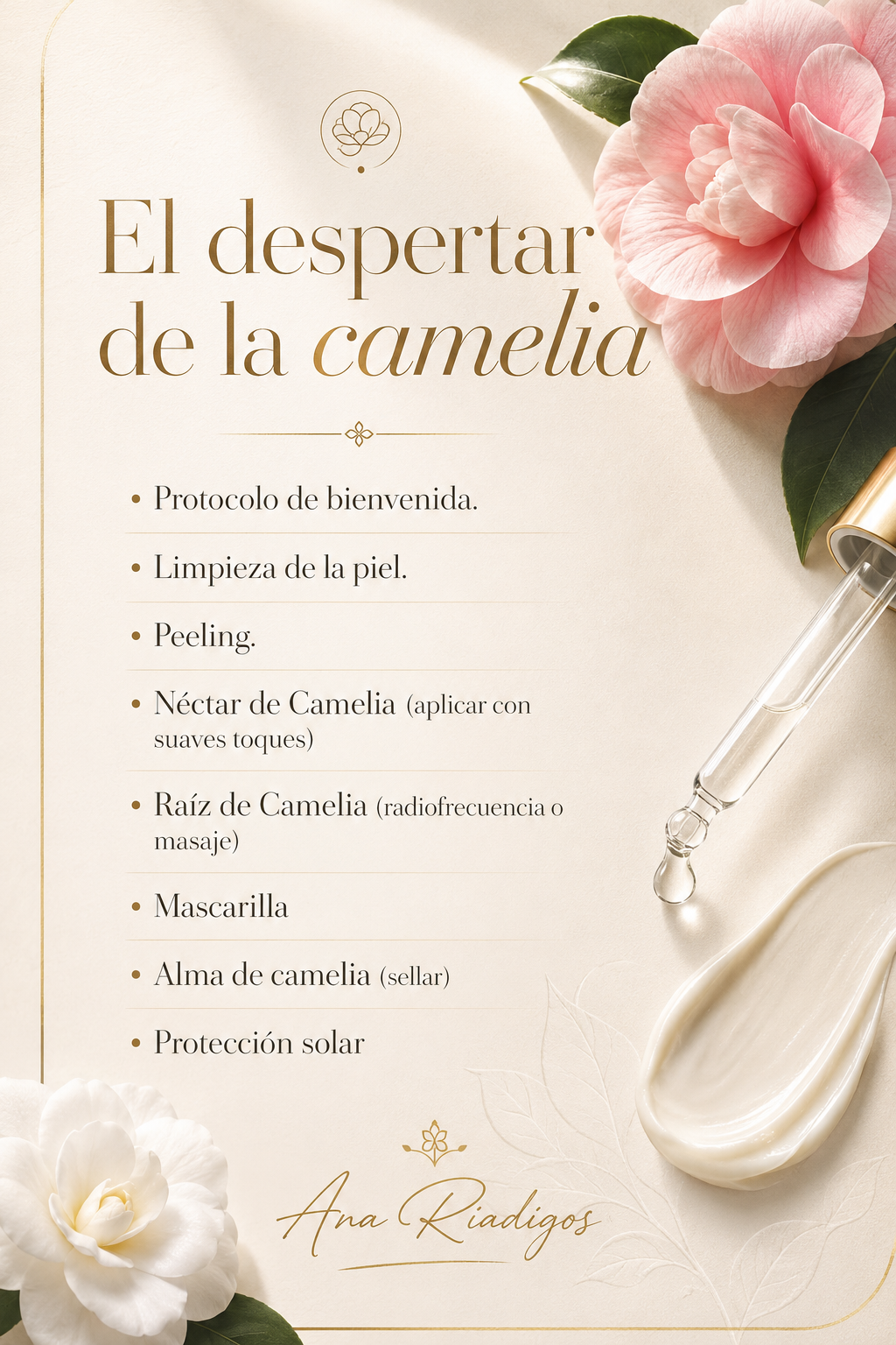 Una pañoleta de invitados para un tratamiento de belleza facial llamado 'El despertar de la camelia'. Incluye una lista con pasos como bienvenida, limpieza, peeling, néctar de camelia, raíz de camelia, mascarilla, alba de camelia y protección solar, adornada con flores rosadas y blancas y un gotero de cristal.