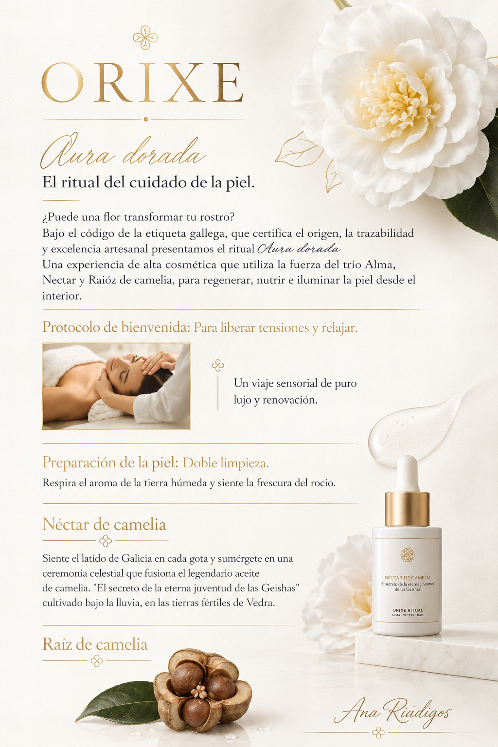 Carta de presentación de un ritual de cuidado de la piel llamado Aura dorada, con una imagen de una mujer recibiendo un masaje facial, y una botella de producto de cuidado facial con diseño elegante y flor de camelia, en tonos beige y dorado.