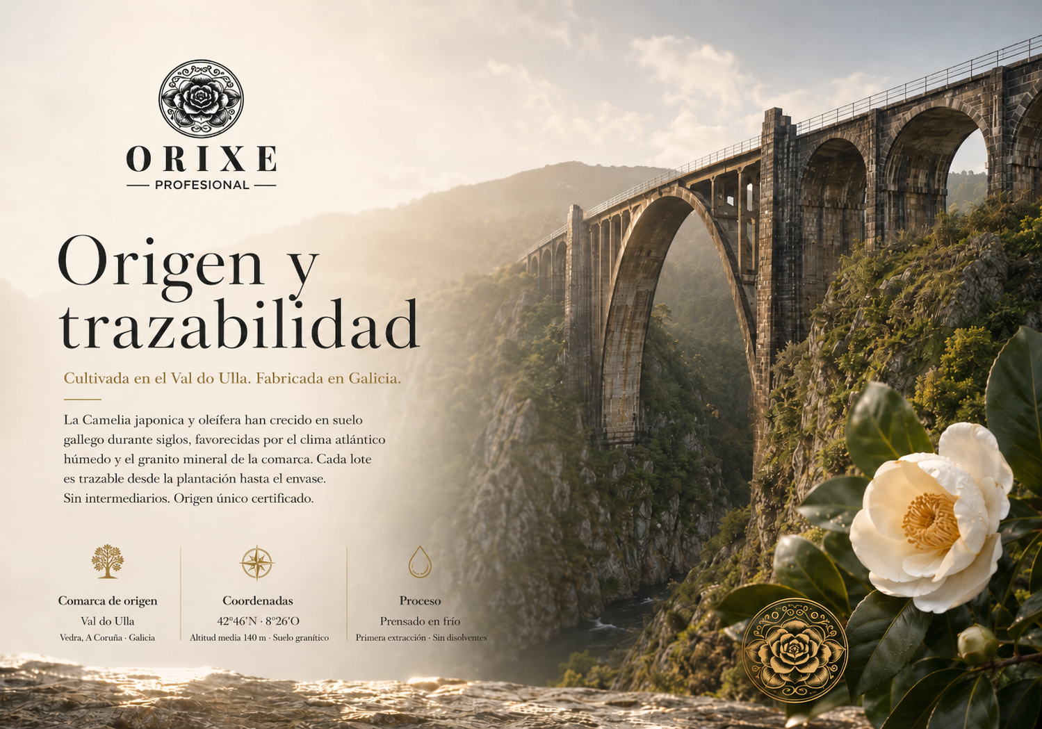 Cartel publicitario de la marca Orixe con texto en español que explica el origen y trazabilidad de un producto de Galicia, con fondo de paisaje con puente y naturaleza, y una flor en primer plano.