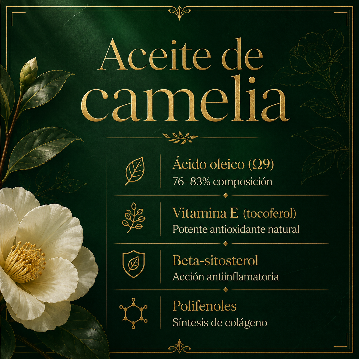 Etiqueta de producto de aceite de camelia con información sobre sus componentes: ácido oleico, vitamina E, beta-sitosterol y polifenoles, decorada con ilustraciones de flores y hojas verdes.
