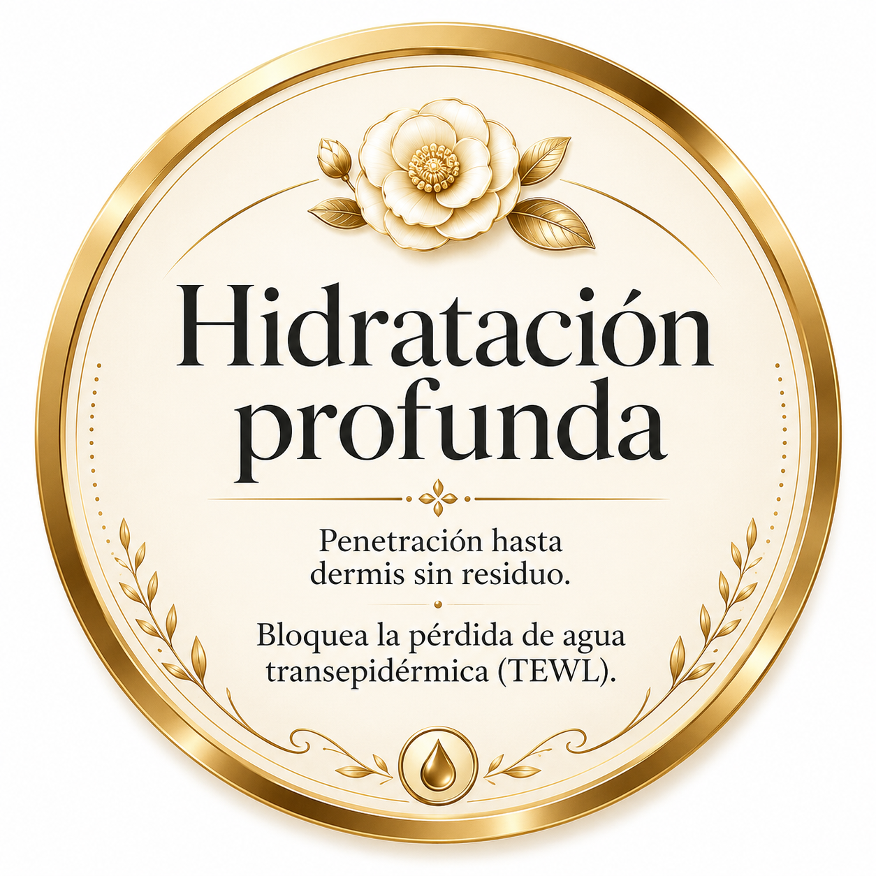 Etiquette dorada con flor y hojas, que indica hidratación profunda, penetración sin residuo y bloqueo de la pérdida de agua transepidérmica (TEWL).