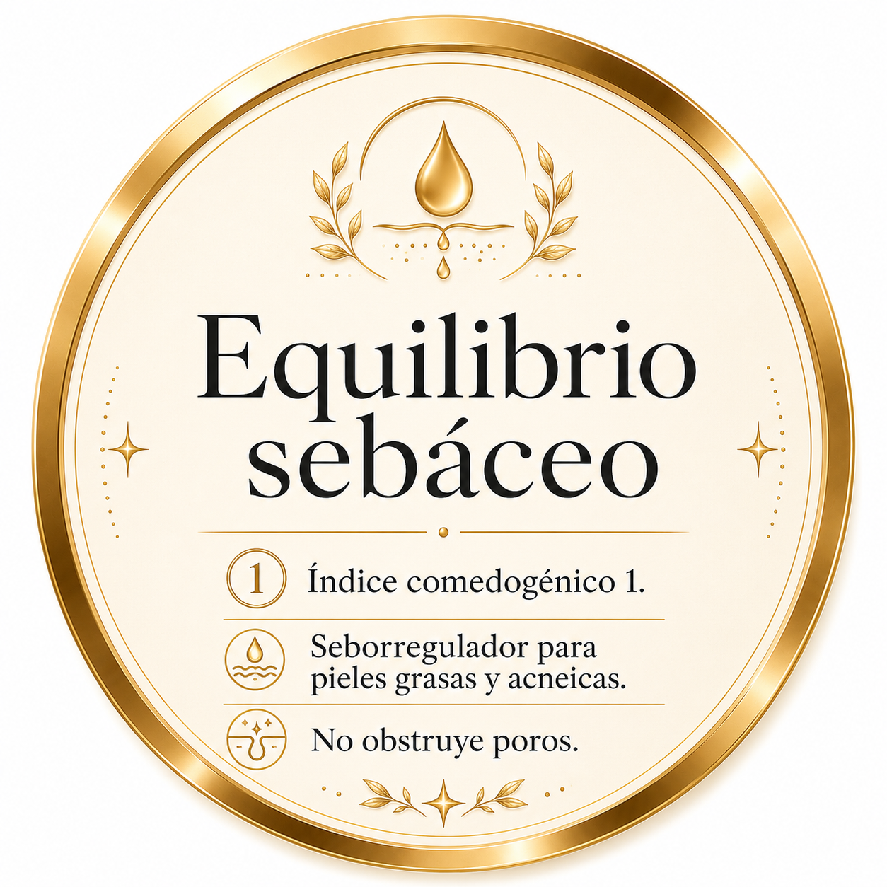 Etiqueta dorada con fondo beige que dice 'Equilibrio sebáceo', con iconos y texto en español sobre cuidado de piel, ingredientes y beneficios