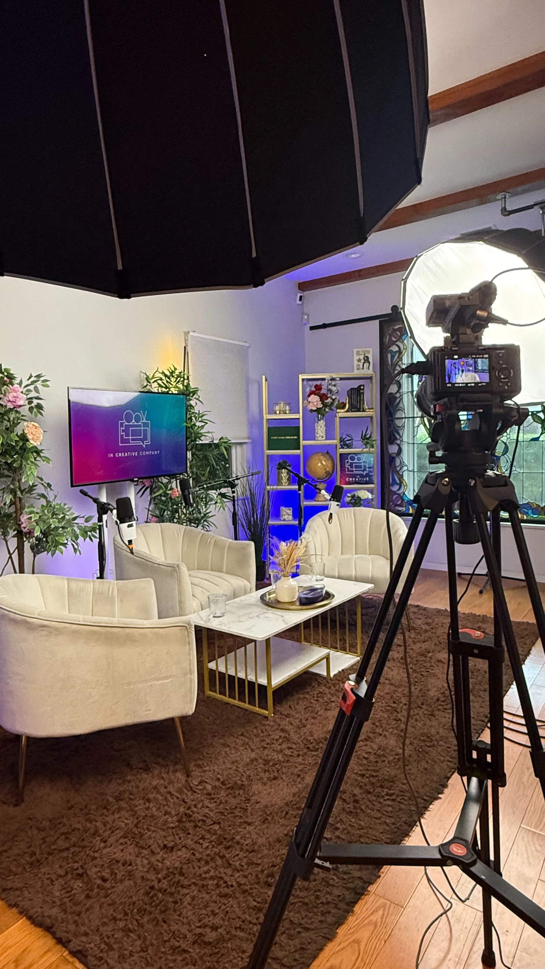 A video recording studio with professional equipment, including a camera on a tripod, large overhead light, a monitor displaying a logo for 'In Creative Company,' plush white chairs, a coffee table with decor, a brown rug, green plants, and shelves with decorations and books. Blue and natural light illuminate the space.