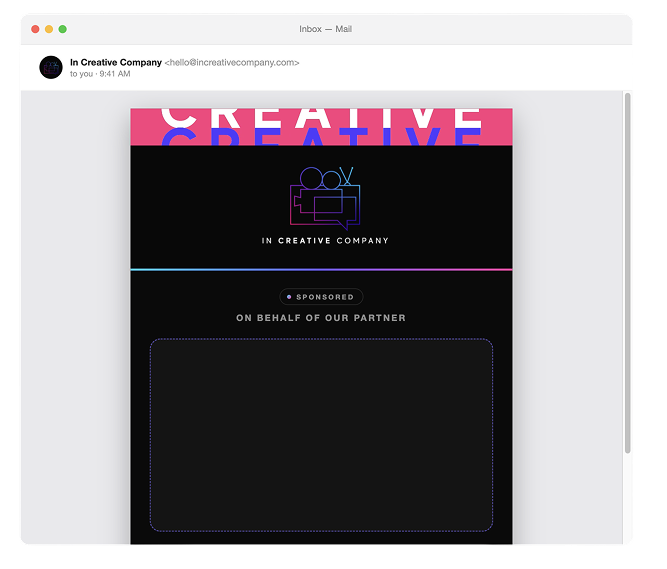 Email screenshot with a black background, featuring the logo of In Creative Company, a stylized outline of a camera and documentary film strip in purple and blue, and the text 'On Behalf of Our Partner'.