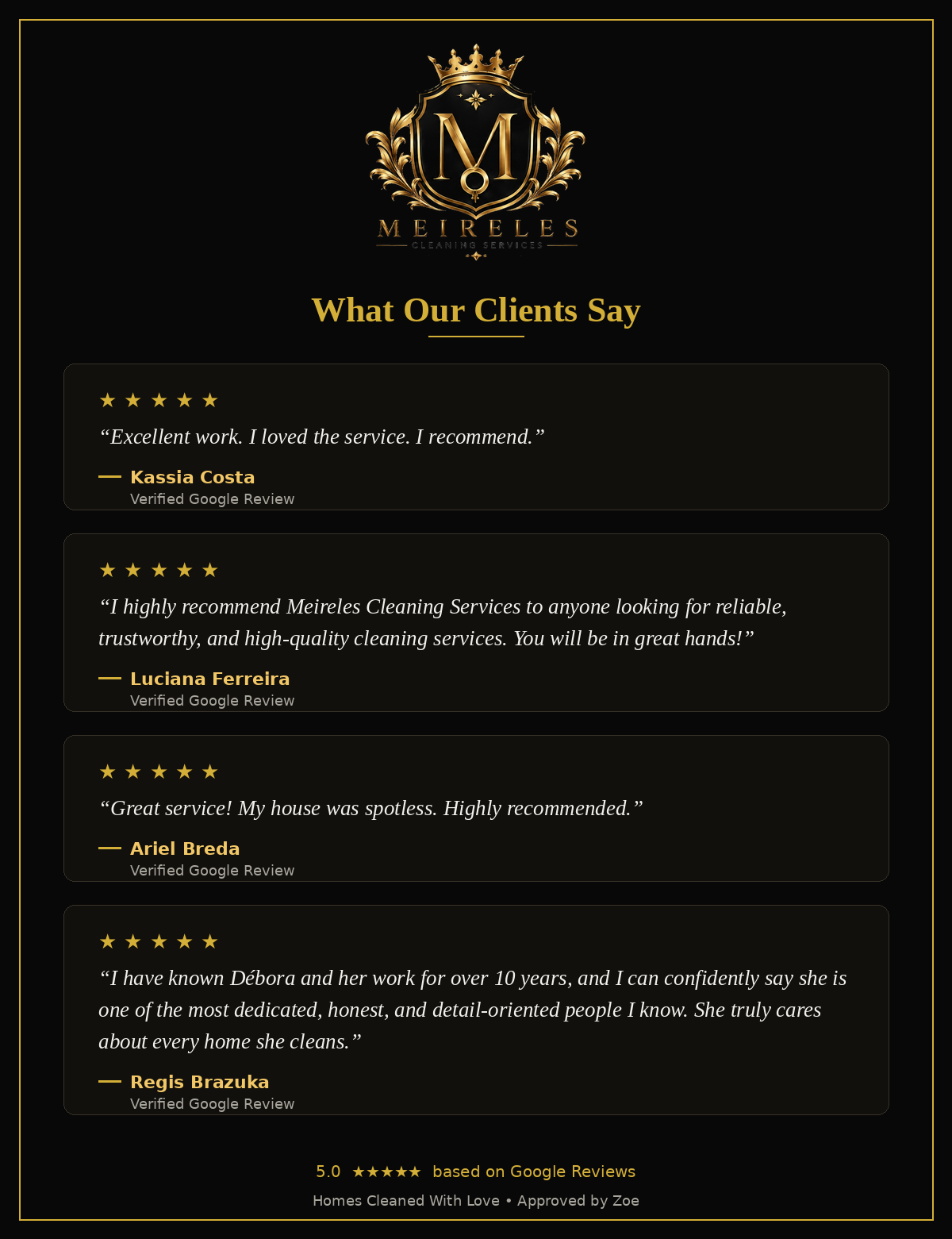 Client testimonials and 5-star Google reviews for Meireles Cleaning Services