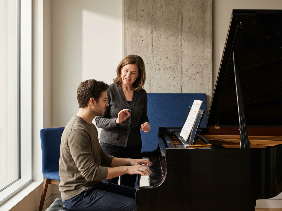 A woman instructs a man playing the piano in a modern room with large window and concrete wall.