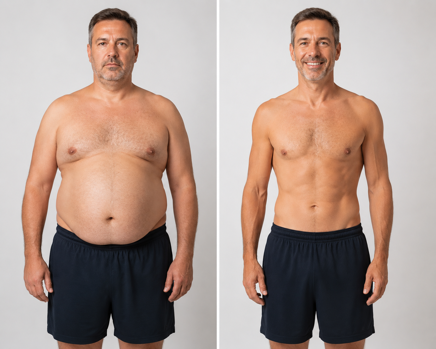 Comparison of a middle-aged man's body before and after weight loss.