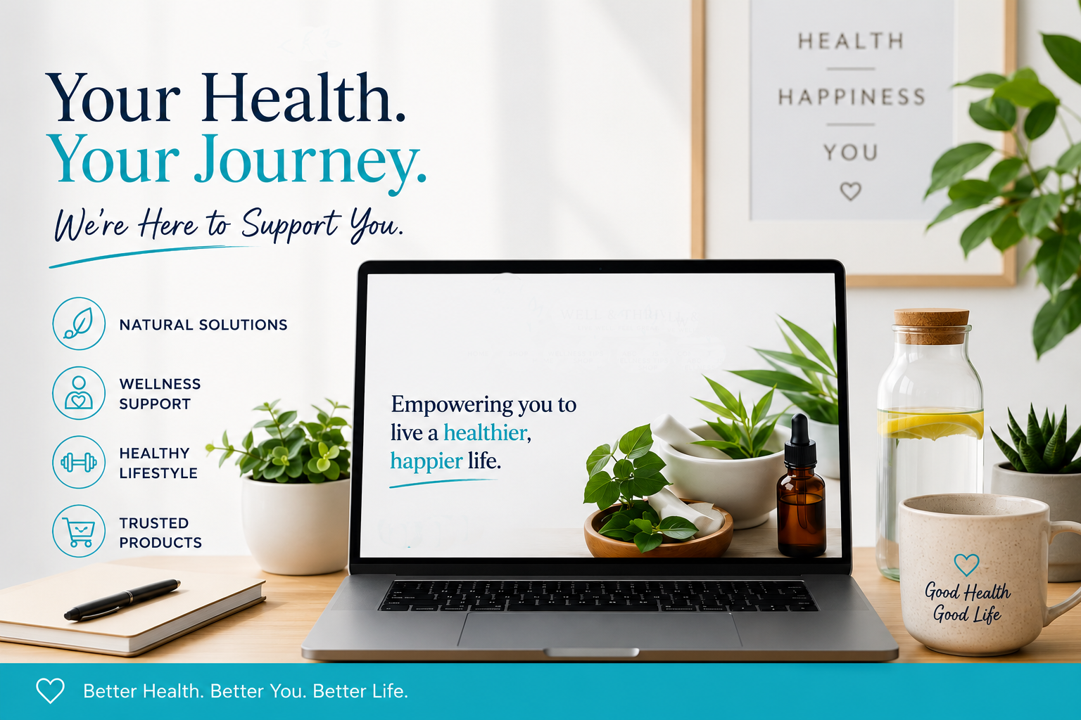 A computer screen on a wooden desk surrounded by potted plants, a notebook with a pen, and a mug with the text 'Good Health Good Life.' The background features a framed quote that says 'Health Happiness You,' and the website emphasizes natural solutions, wellness support, a healthy lifestyle, and trusted products.