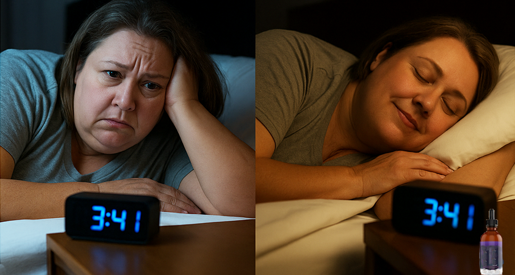 Comparison of a woman looking unhappy at 3:41 AM and the same woman sleeping peacefully at 3:41 AM after using a sleep aid