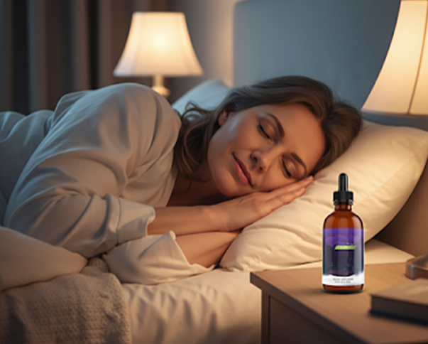 A woman sleeping peacefully on her side in bed with a glass dropper bottle of CBD oil on the nightstand next to her.