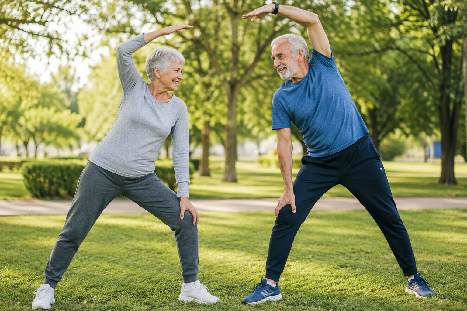 An elderly couple in workout clothes stretching and smiling in a park with green trees and grass.