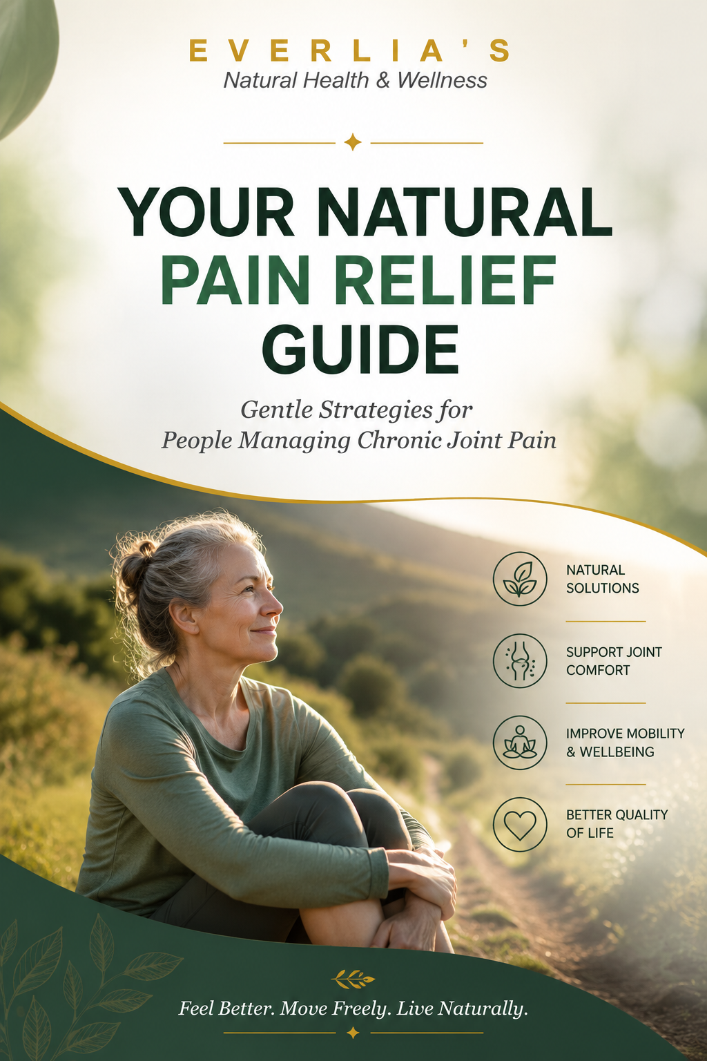 A woman sitting outdoors on a trail, smiling and looking content, with a natural landscape in the background. The cover page features the title 'Your Natural Pain Relief Guide' and mentions strategies for managing chronic joint pain, with icons representing natural solutions, support joint comfort, improve mobility and wellbeing, and better quality of life.
