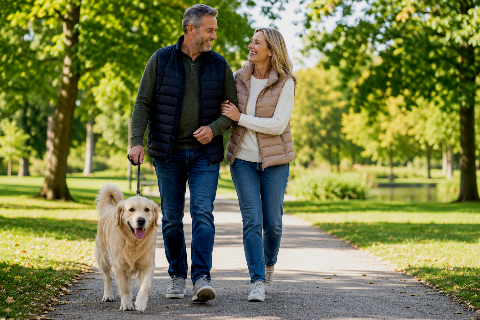 A middle-aged couple walking their golden retriever in a park with green trees and a path.