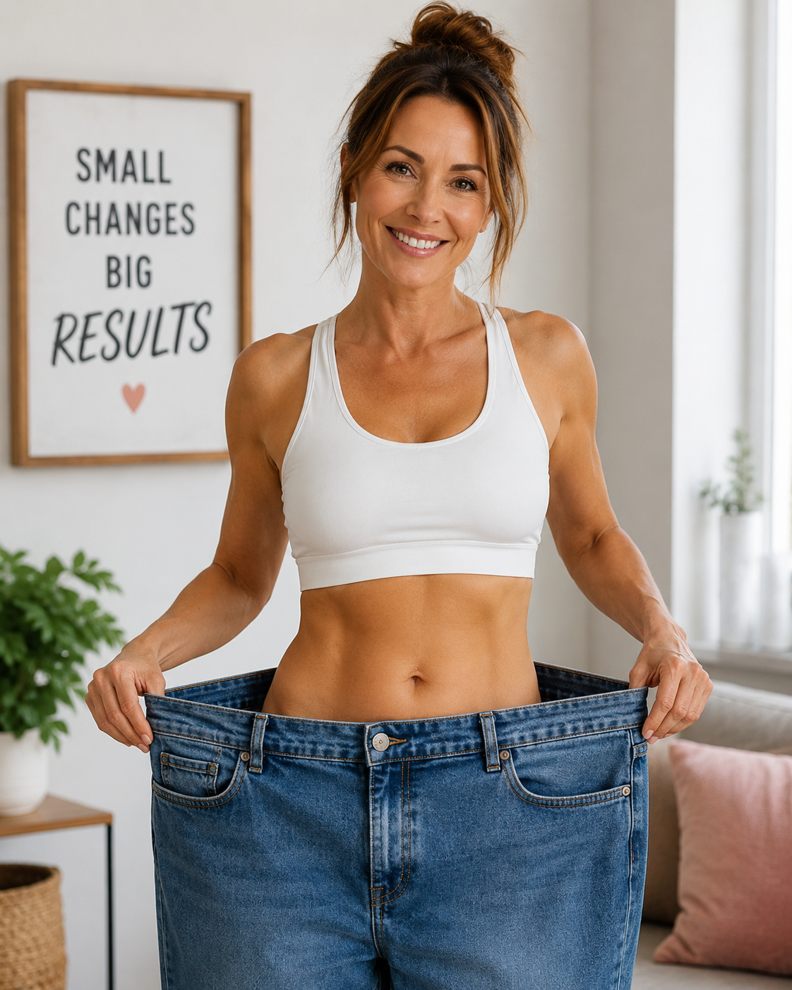 A smiling woman in a white sports bra and blue jeans holding out the waistband to show it's too large for her. In the background, a white wall with a motivational quote and a potted plant.