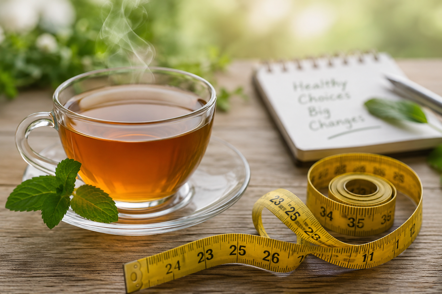 A steaming cup of tea on a wooden table, with a sprig of mint, a yellow measuring tape, and a notebook titled 'Healthy Choices Big Changes,' surrounded by green plants.