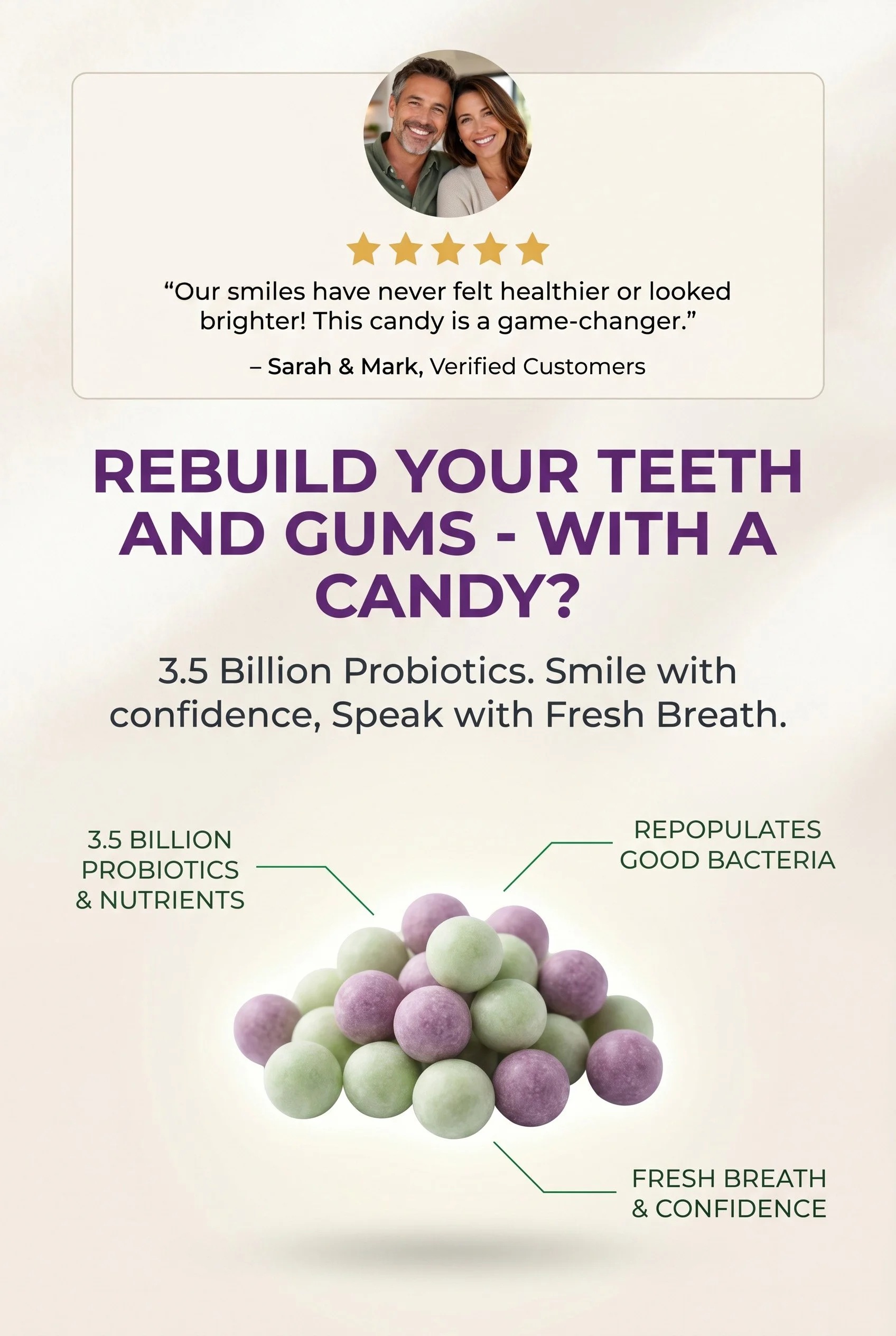 A promotional graphic for a probiotic product featuring a smiling couple's photo, a five-star review, and text emphasizing benefits like rebuilding teeth and gums with a candy containing 3.5 billion probiotics that promote confidence and fresh breath.