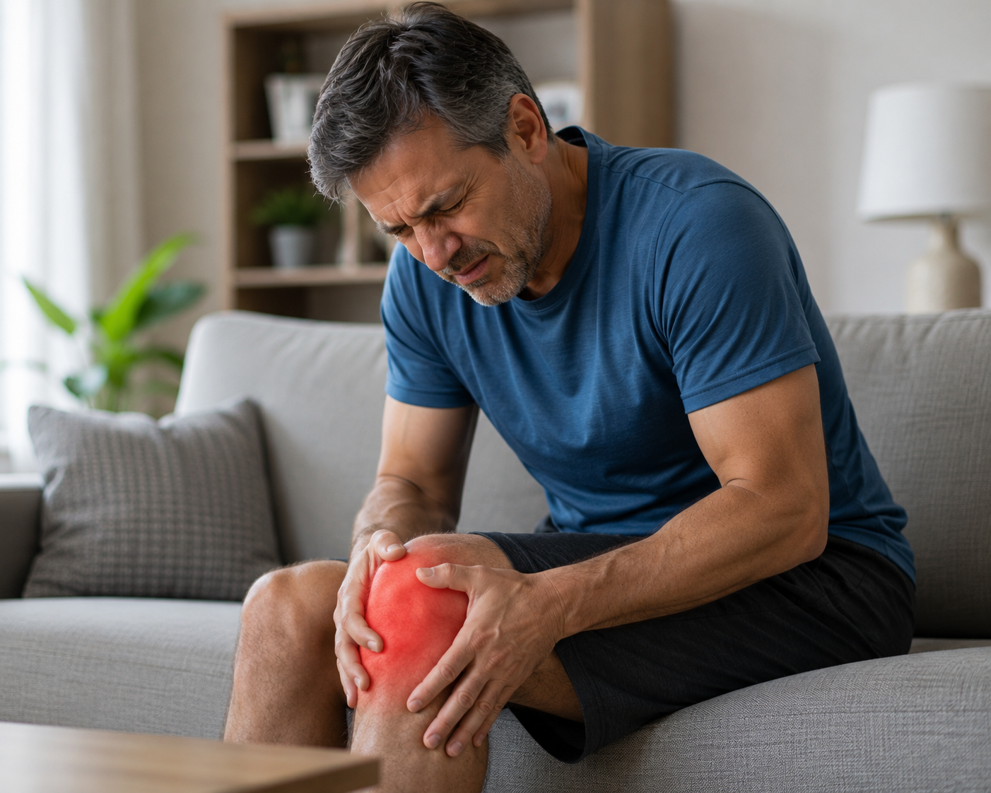 A middle-aged man with gray hair and a beard, sitting on a gray couch, holding his knee with both hands and grimacing in pain. His knee area appears inflamed and red, indicating knee pain or injury.