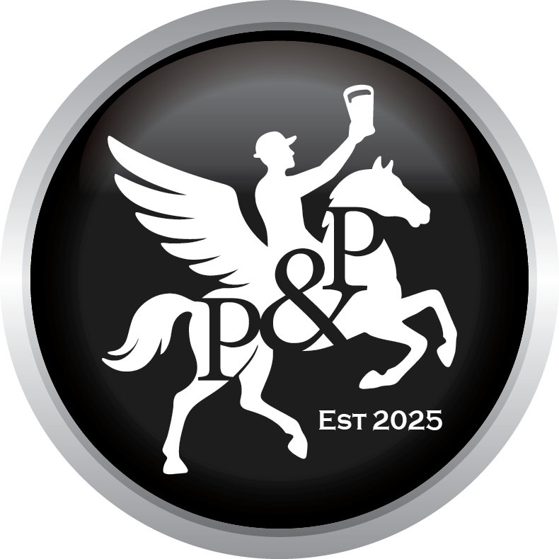 A logo featuring a winged horse with a rider holding a mug, with the letters 'P & P' and 'EST 2025' on a black circular background.