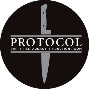 Logo for Protocool restaurant featuring a large knife pointing downward against a black circular background, with the name 'PROTOCOL' and the words 'Bar, Restaurant, Function Room' underneath.
