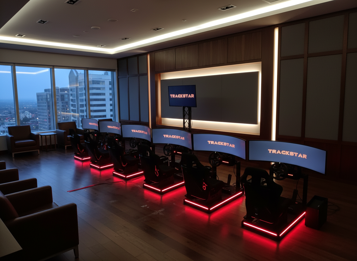 Row of gaming chairs with racing wheel controllers and large monitors displaying 'TRACKSTAR' in a modern, dimly-lit office or gaming room with large windows showing city buildings.