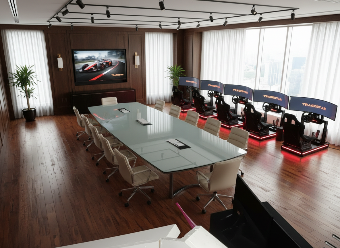 A conference room with a long glass table, cream-colored chairs, a large flat-screen TV on the wall displaying a race car, and four racing simulator seats with screens and racing controls near the windows.