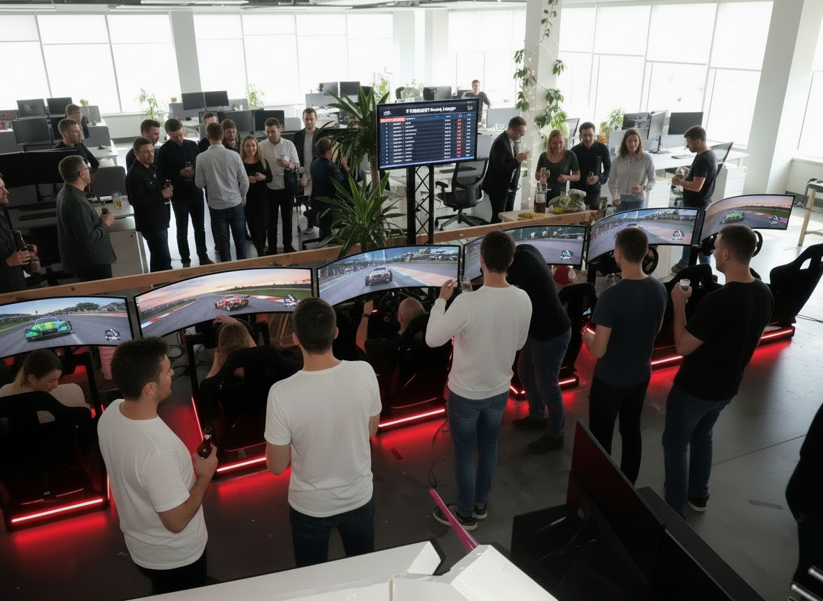 People gathered in a modern office space with multiple computer monitors and racing simulators, playing a racing game.