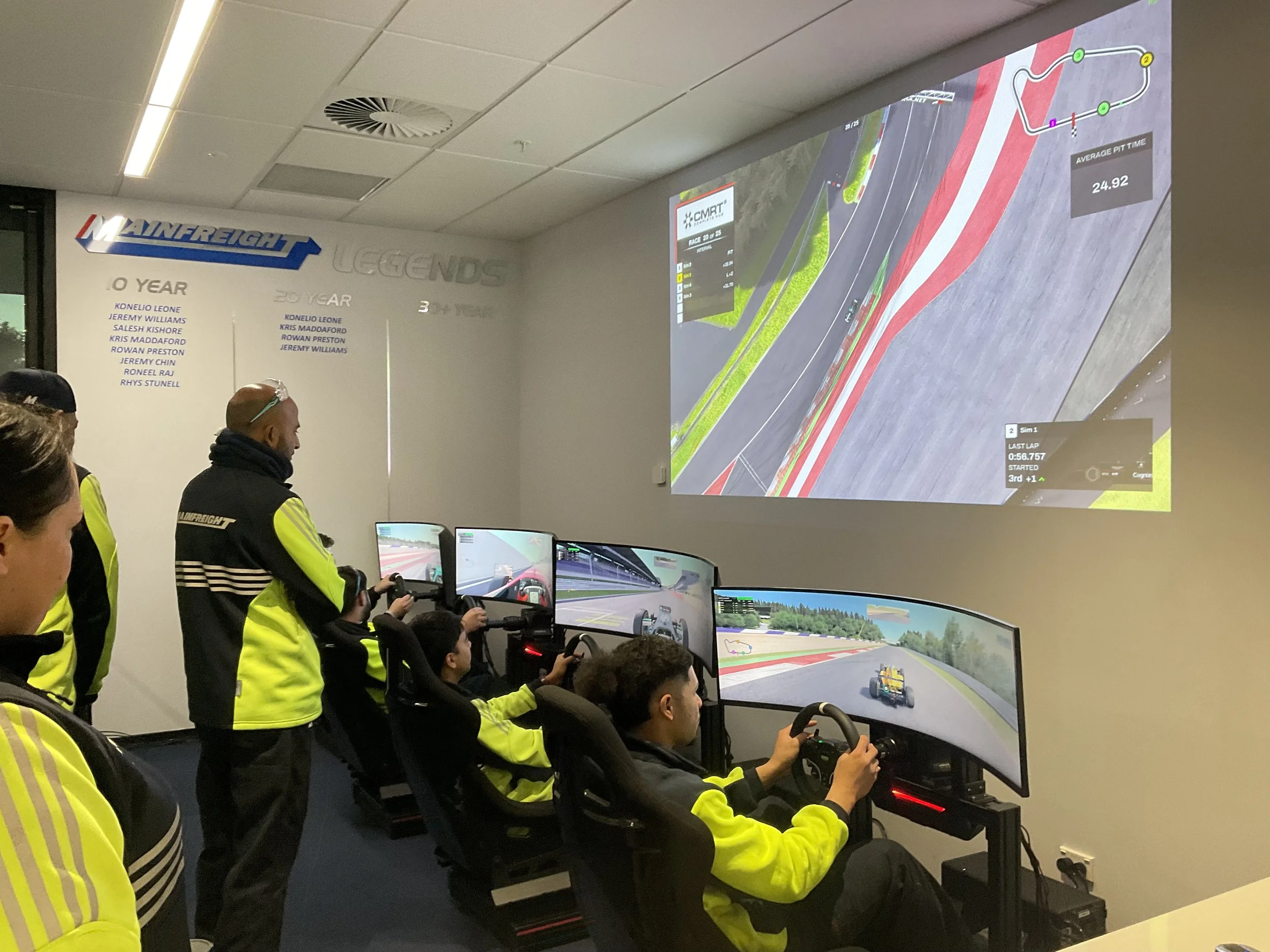 Group of people wearing yellow safety vests playing racing video game in an arcade, with multiple monitors displaying a racing track and car.