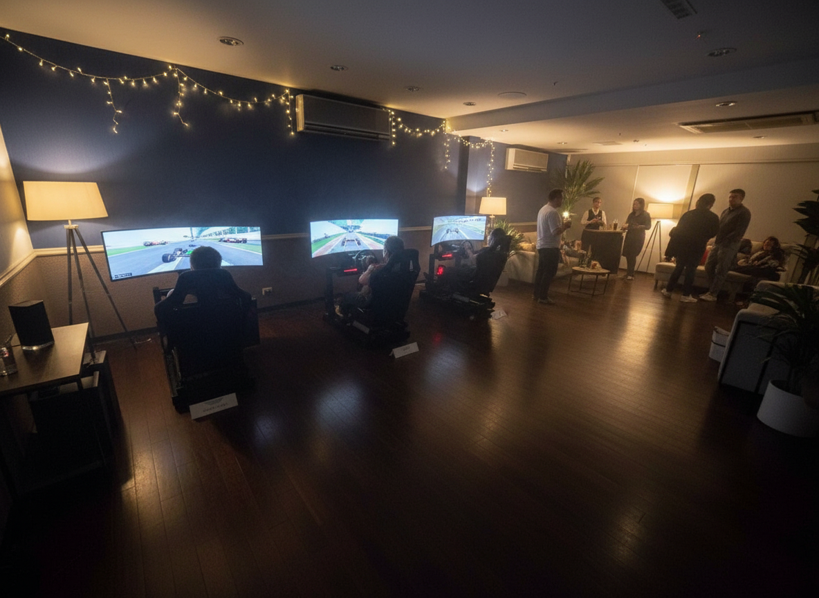 People playing racing video games on three monitors in a dimly lit room with string lights, and a group of people socializing in the background.