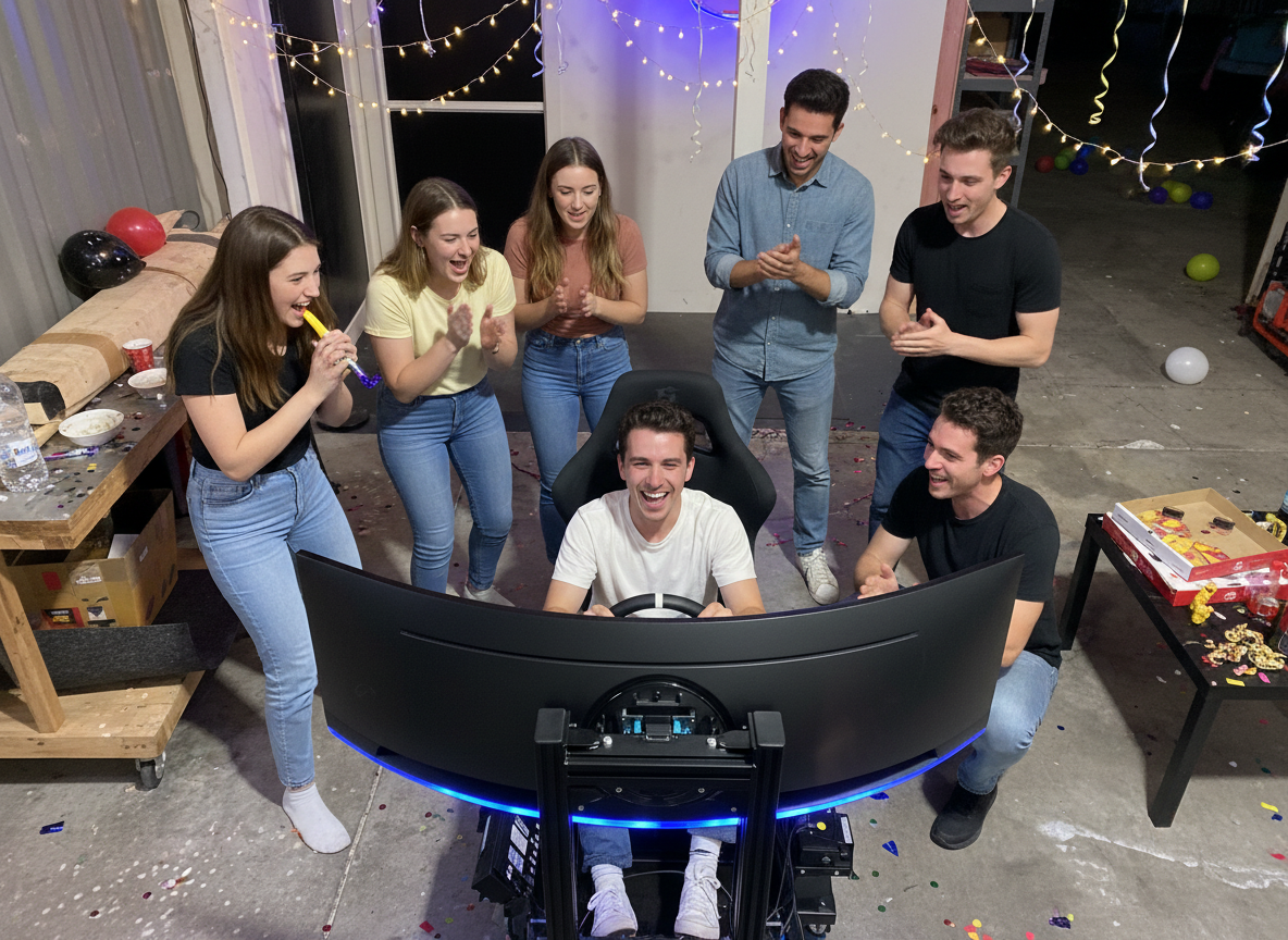 A group of friends celebrating around a person in a gaming chair, enjoying a Party with balloons, streamers, and party decorations in a garage or basement.