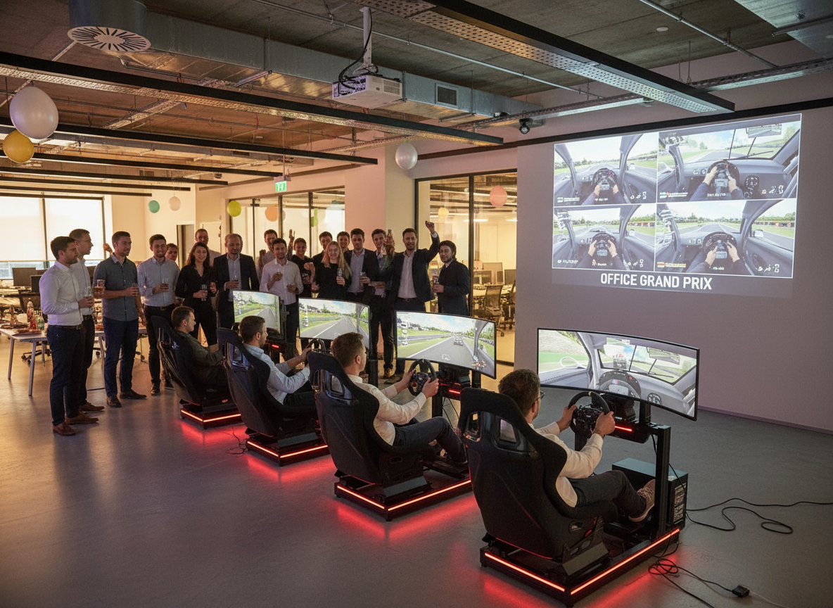 Group of people watching and participating in a racing simulator game with multiple racing seats and screens, in an office environment.