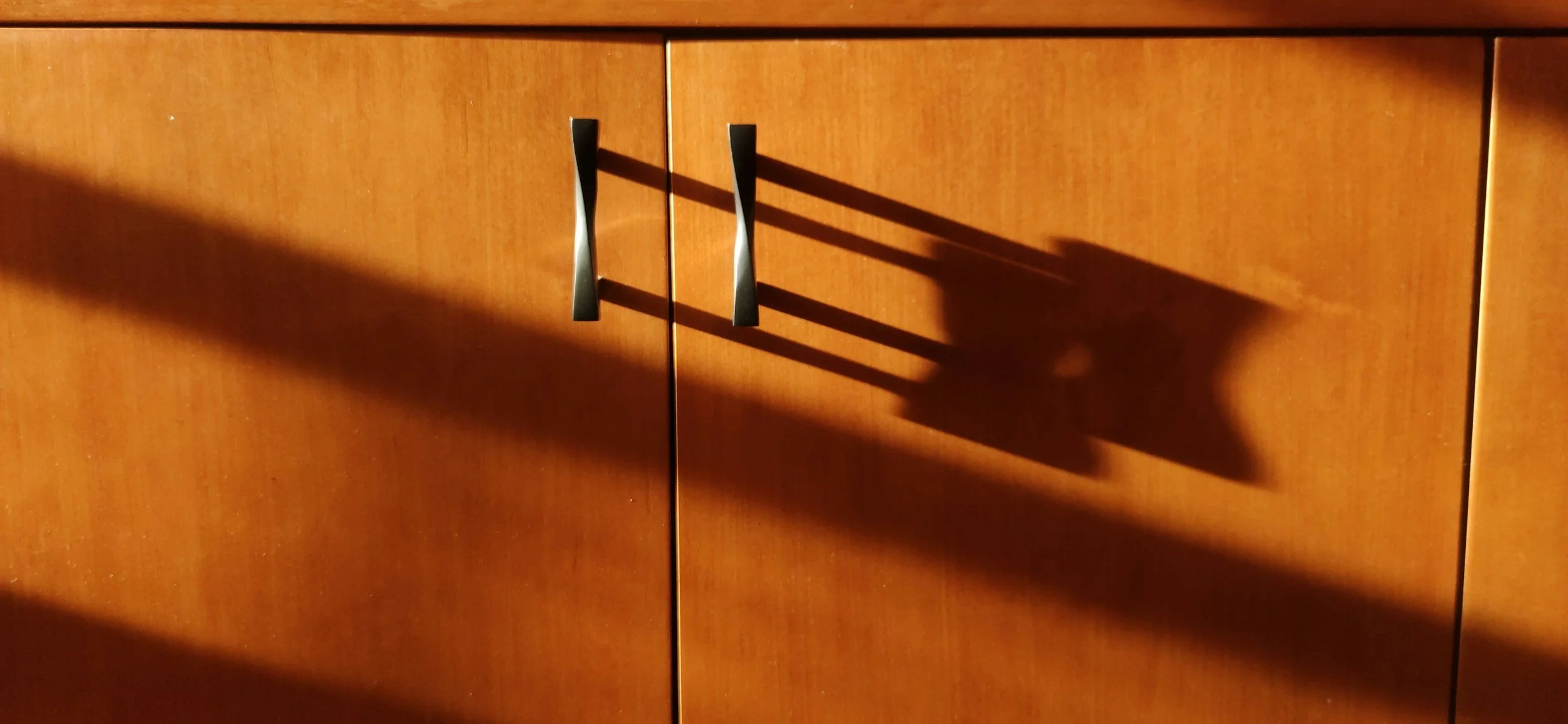 Wooden cabinet with black handles and shadows cast on it.
