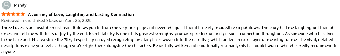 Screenshot of a book review titled 'A Journey of Love, Laughter, and Lasting Connection,' highlighting its emotional impact and storytelling quality.