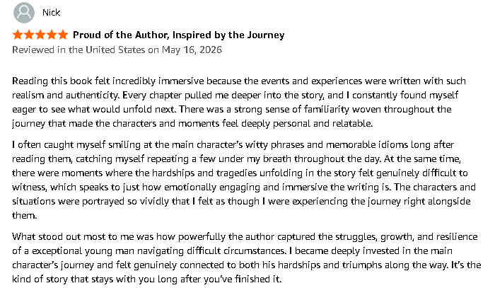 Review of a book, dated May 16, 2026, with a five-star rating and a highlighted quote of praise.