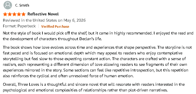 Screenshot of an online review for a book titled "Three Loves," with a 5-star rating, review date May 6, 2026, and a detailed review praising the novel's emotional depth and character development.